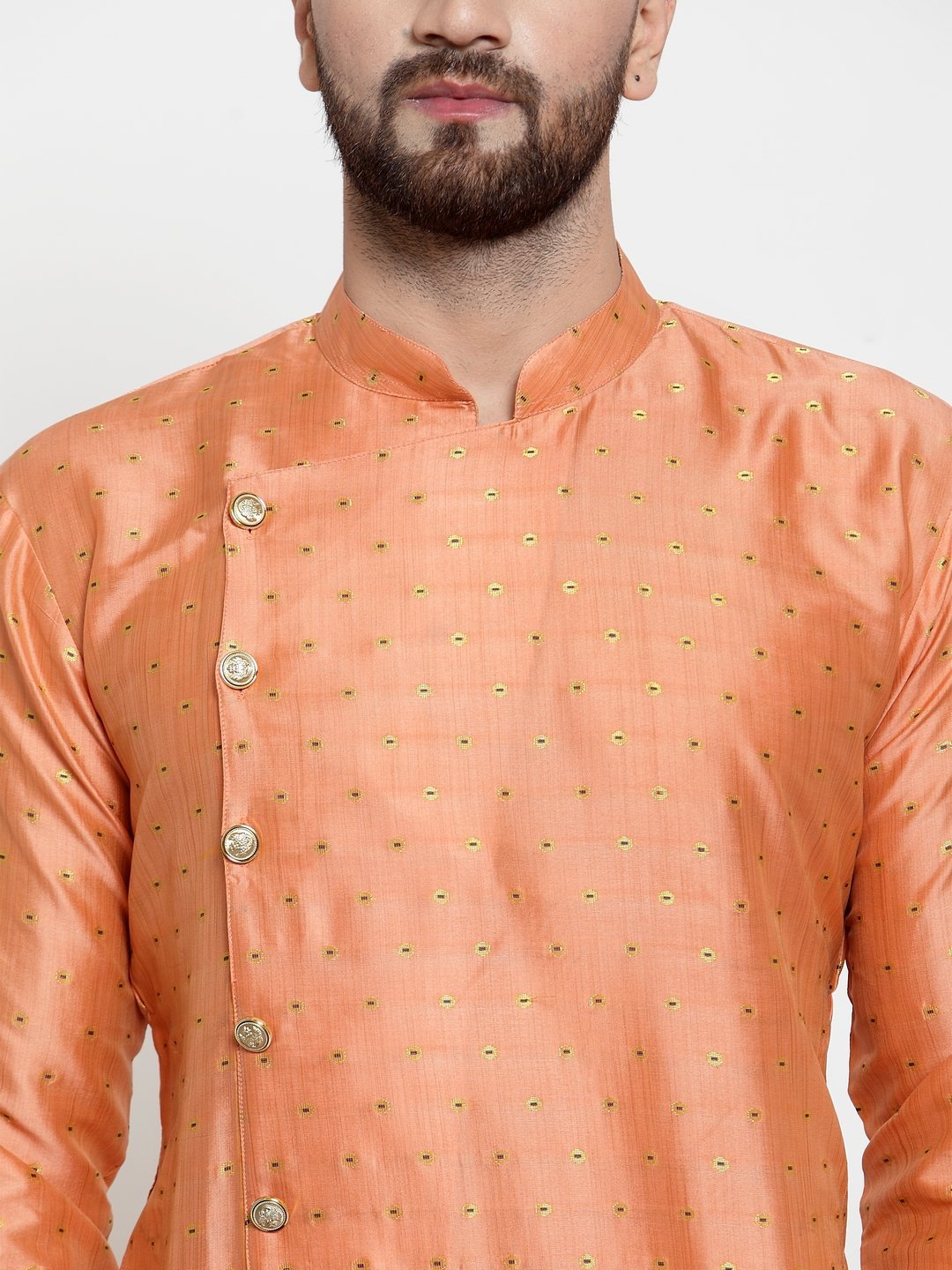 Jompers Men Peach & Golden Self Design Kurta Only - Distacart