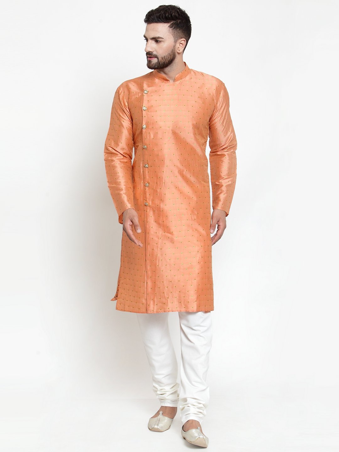 Jompers Men Peach & Golden Self Design Kurta Only - Distacart