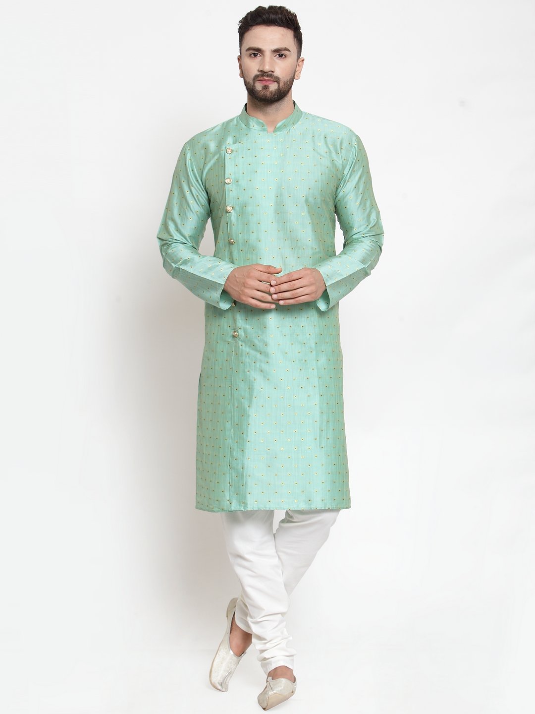 Jompers Men Sky-Blue & Golden Self Design Kurta with Churidar - Distacart