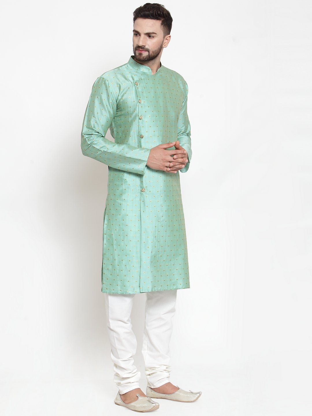 Jompers Men Sky-Blue & Golden Self Design Kurta with Churidar - Distacart