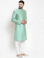 Thumbnail for Jompers Men Sky-Blue & Golden Self Design Kurta with Churidar - Distacart