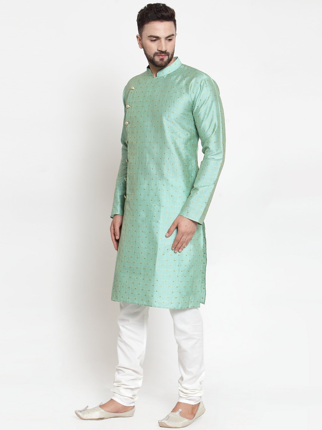 Jompers Men Sky-Blue & Golden Self Design Kurta Only - Distacart