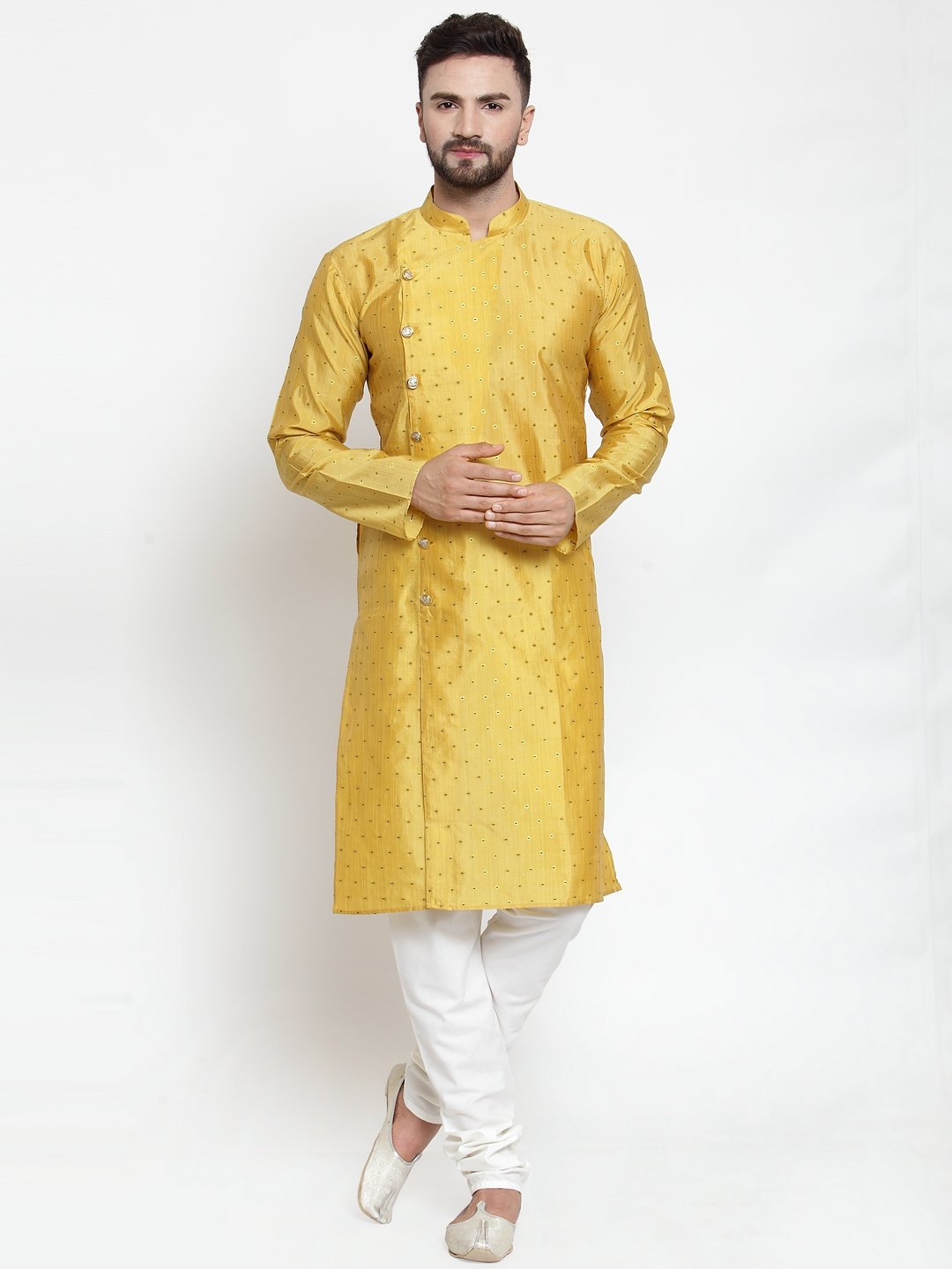 Jompers Men Yellow & Golden Self Design Kurta with Churidar - Distacart