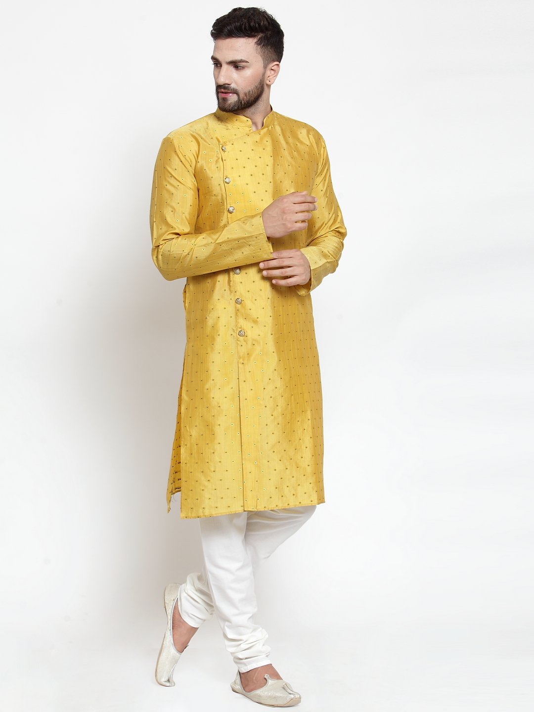 Jompers Men Yellow & Golden Self Design Kurta with Churidar - Distacart