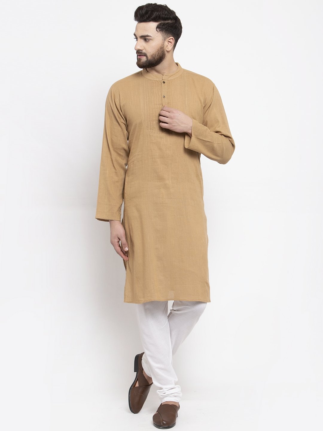 Jompers Men Beige & White Solid Pin-tucks Kurta Only - Distacart