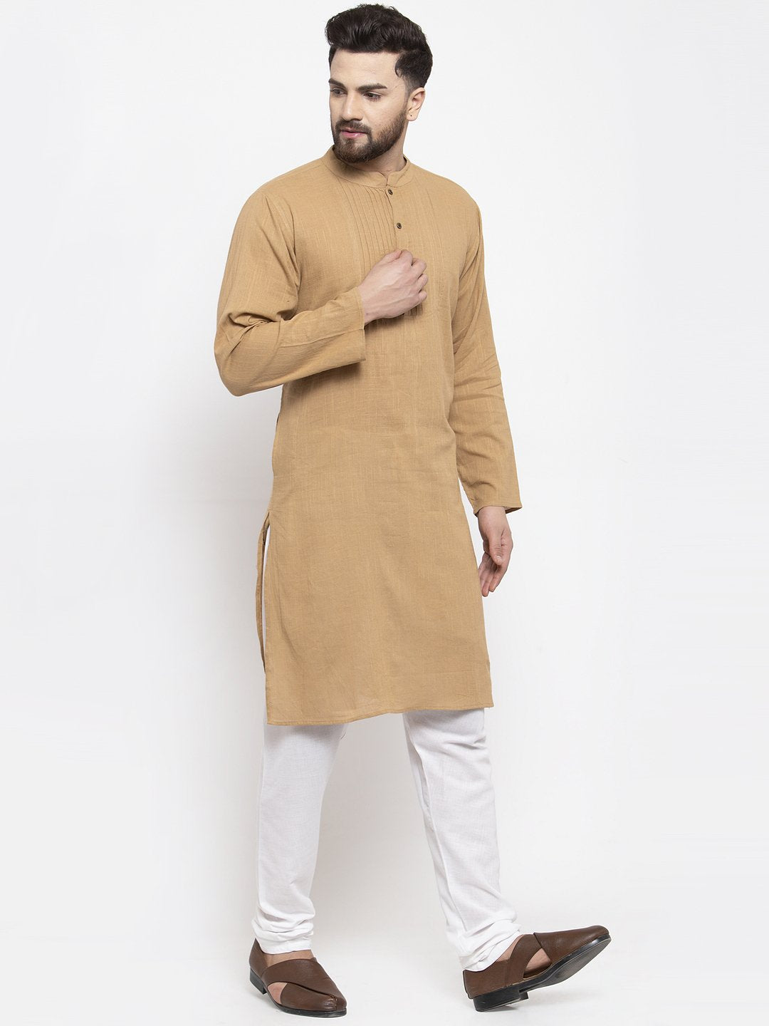Jompers Men Beige & White Solid Pin-tucks Kurta with Churidar - Distacart