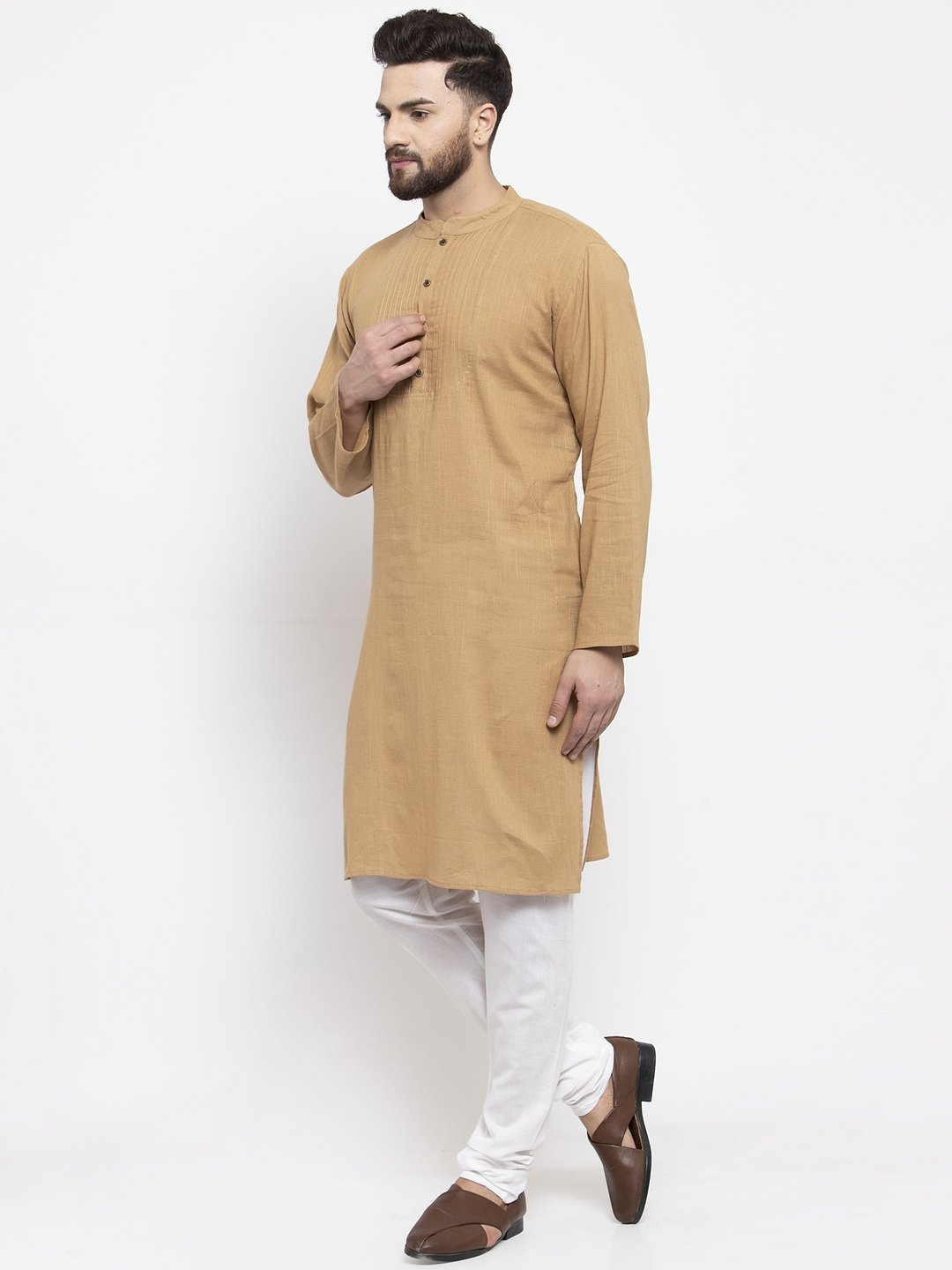 Jompers Men Beige & White Solid Pin-tucks Kurta Only - Distacart