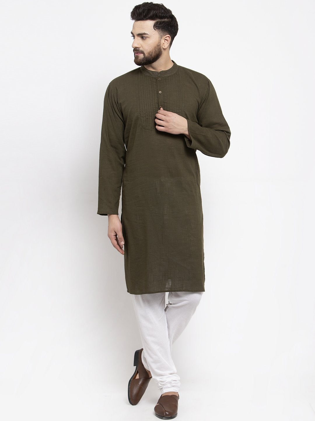 Jompers Men Olive-Green & White Solid Pin-tucks Kurta Only - Distacart