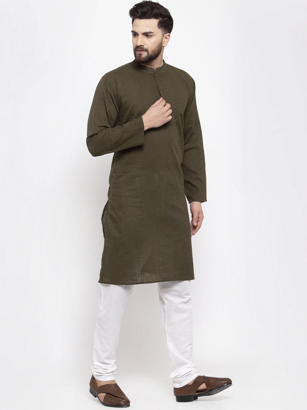 Jompers Men Olive-Green & White Solid Pin-tucks Kurta with Churidar - Distacart