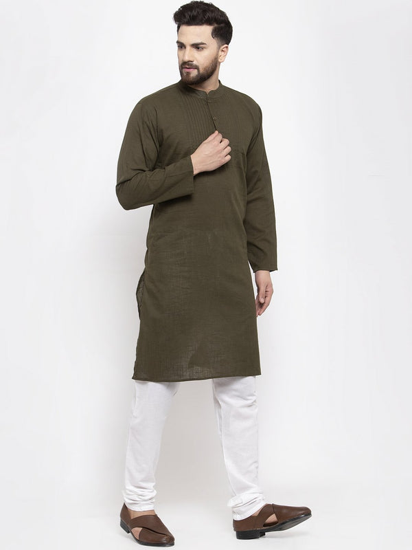 Jompers Men Olive-Green & White Solid Pin-tucks Kurta Only - Distacart