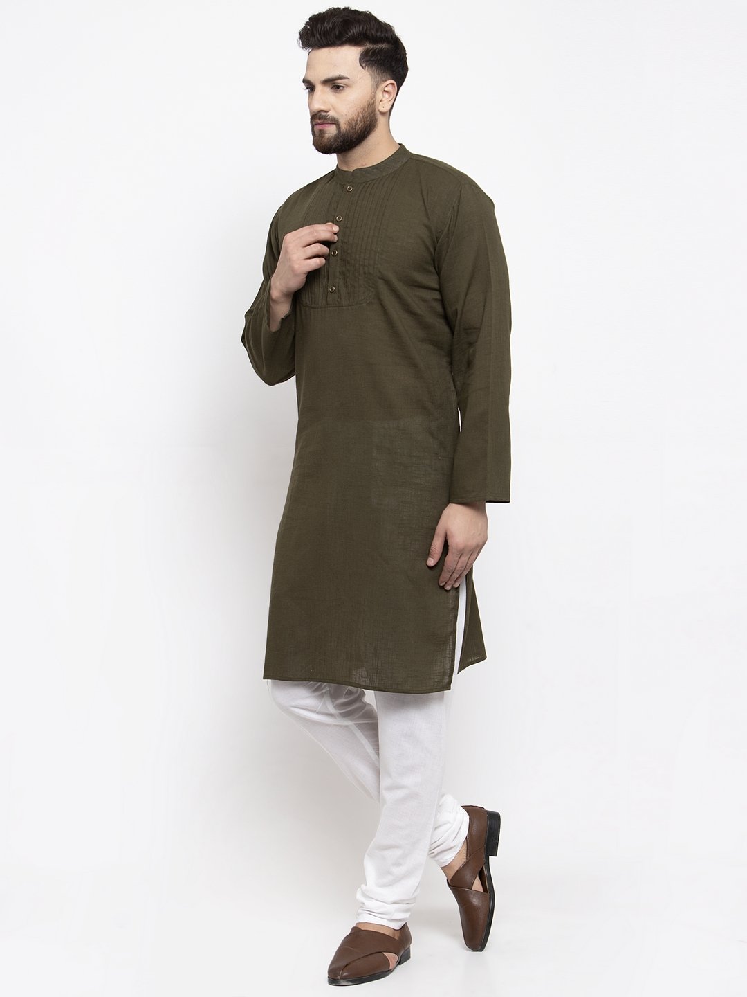 Jompers Men Olive-Green & White Solid Pin-tucks Kurta Only - Distacart