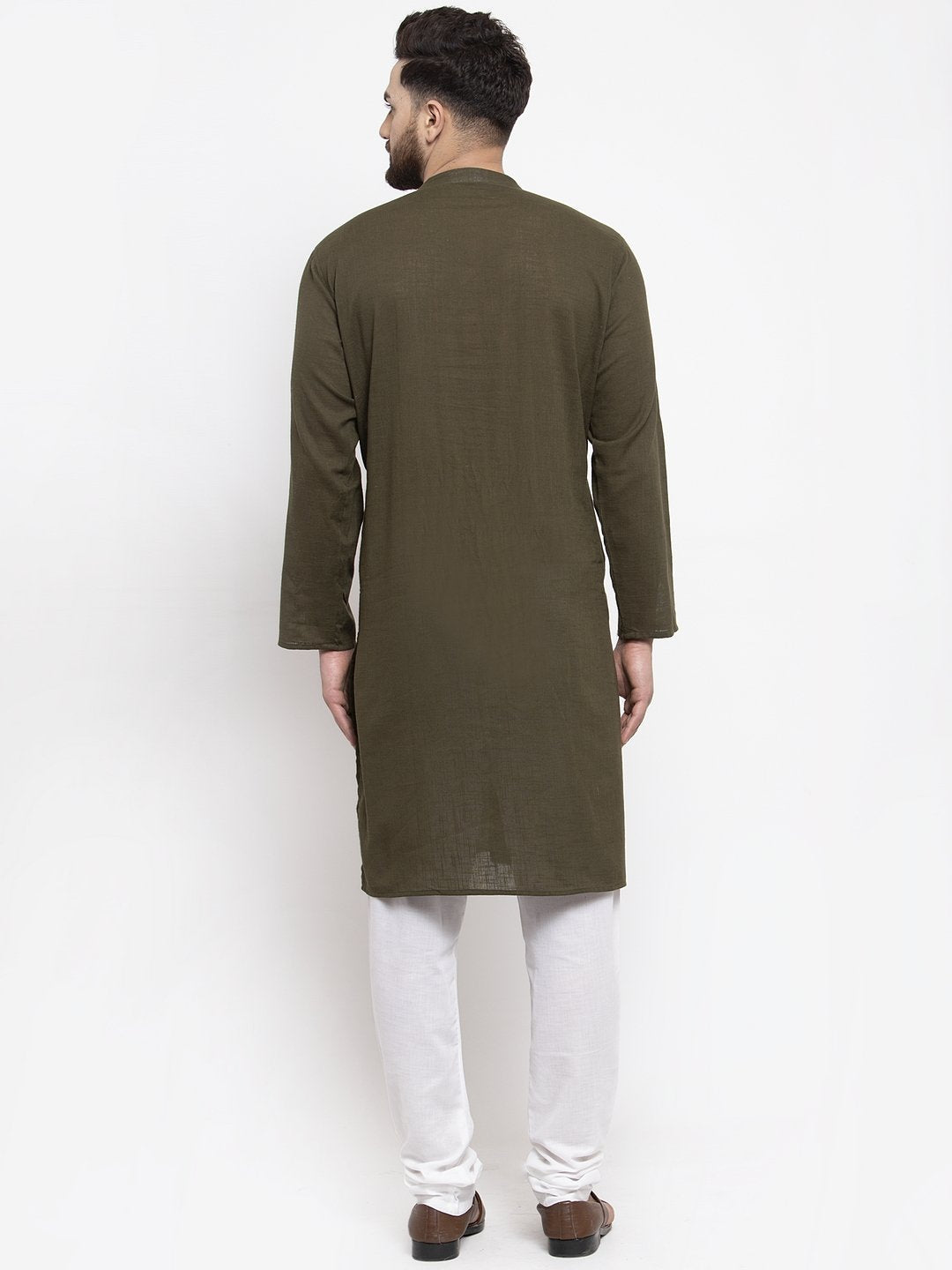 Jompers Men Olive-Green & White Solid Pin-tucks Kurta with Churidar - Distacart