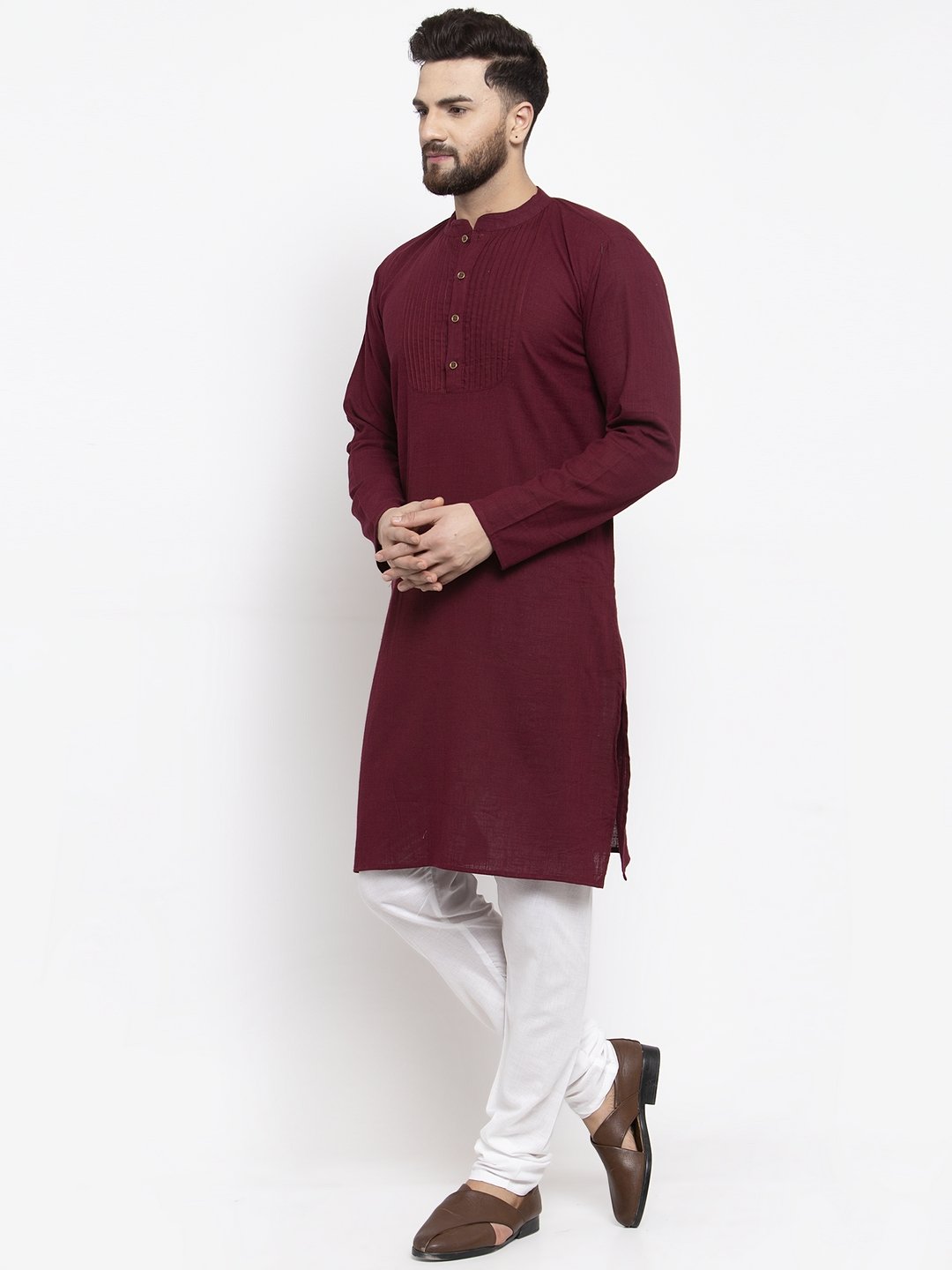 Jompers Men Purple & White Solid Pin-tucks Kurta with Churidar - Distacart