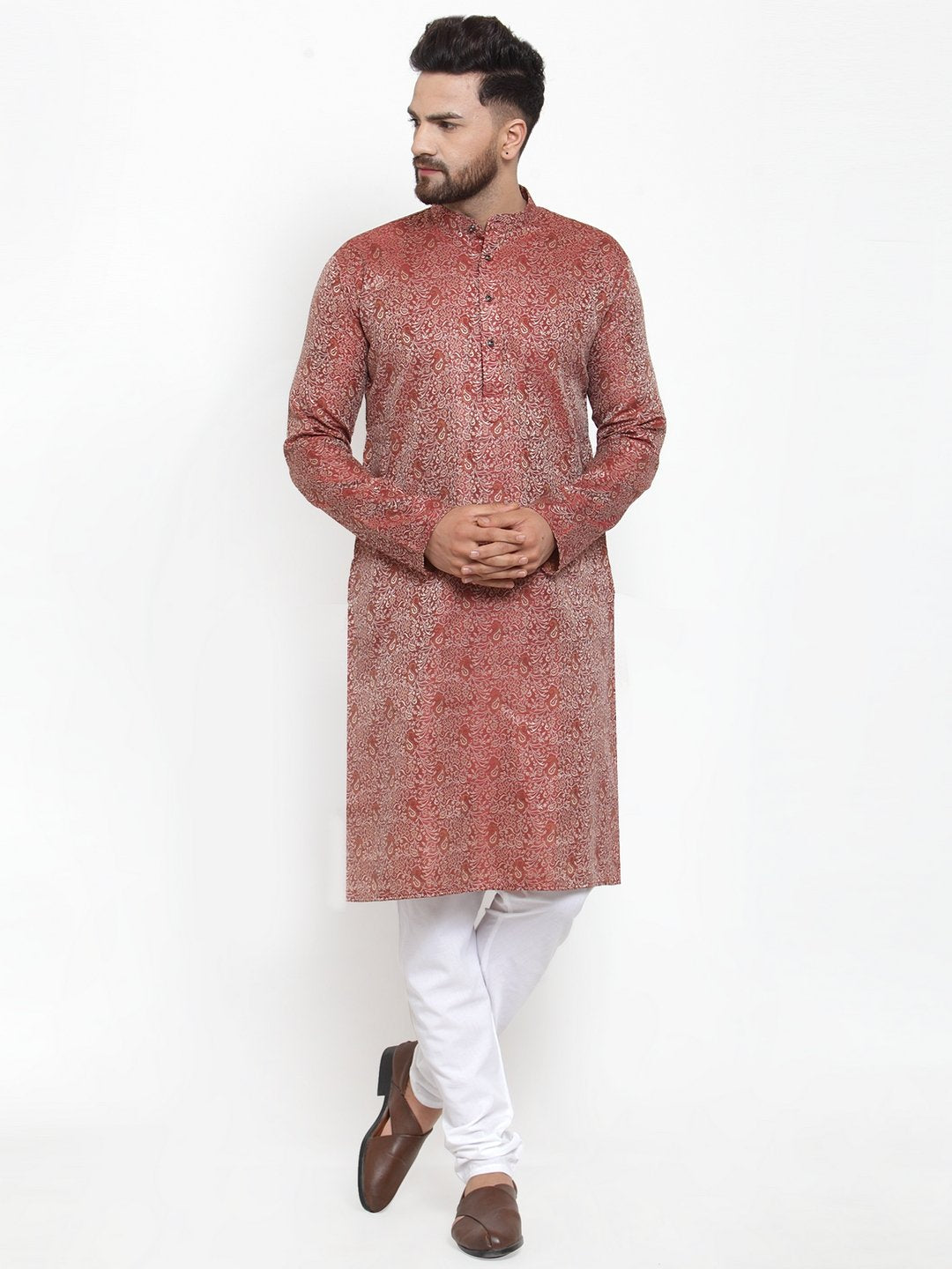 Jompers Men Maroon & White Woven Design Kurta with Churidar - Distacart