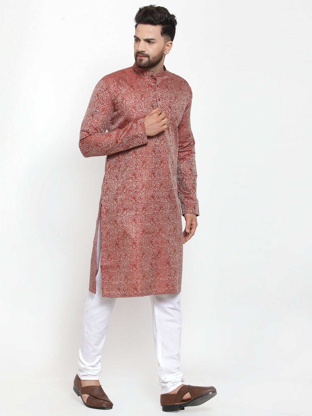 Jompers Men Maroon & White Woven Design Kurta with Churidar - Distacart