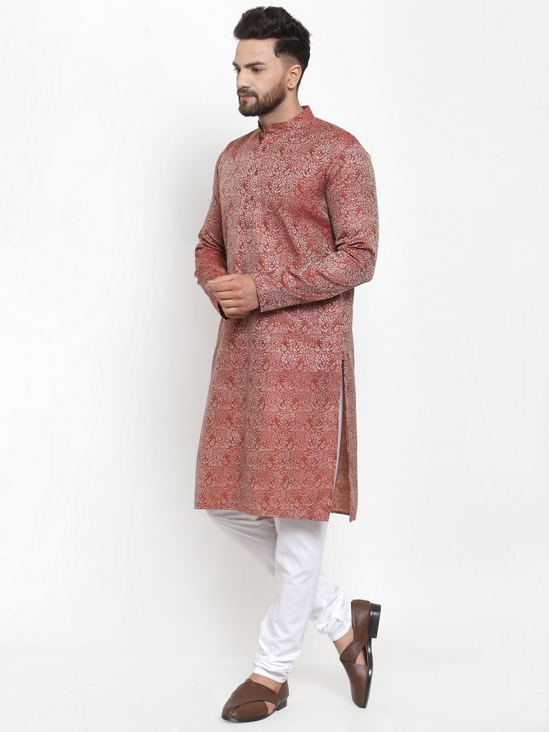 Jompers Men Maroon & White Woven Design Kurta with Churidar - Distacart