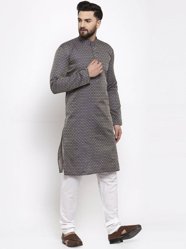 Jompers Men Navy-Blue & White Woven Design Kurta with Churidar - Distacart