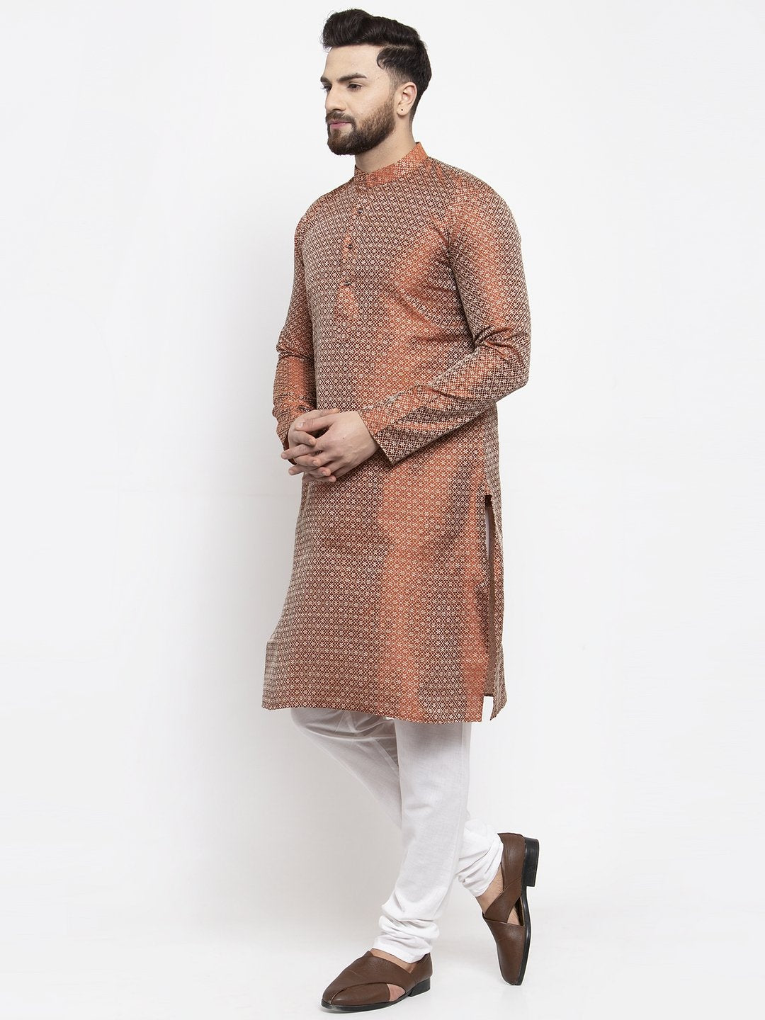 Jompers Men Orange & White Woven Design Kurta with Churidar - Distacart