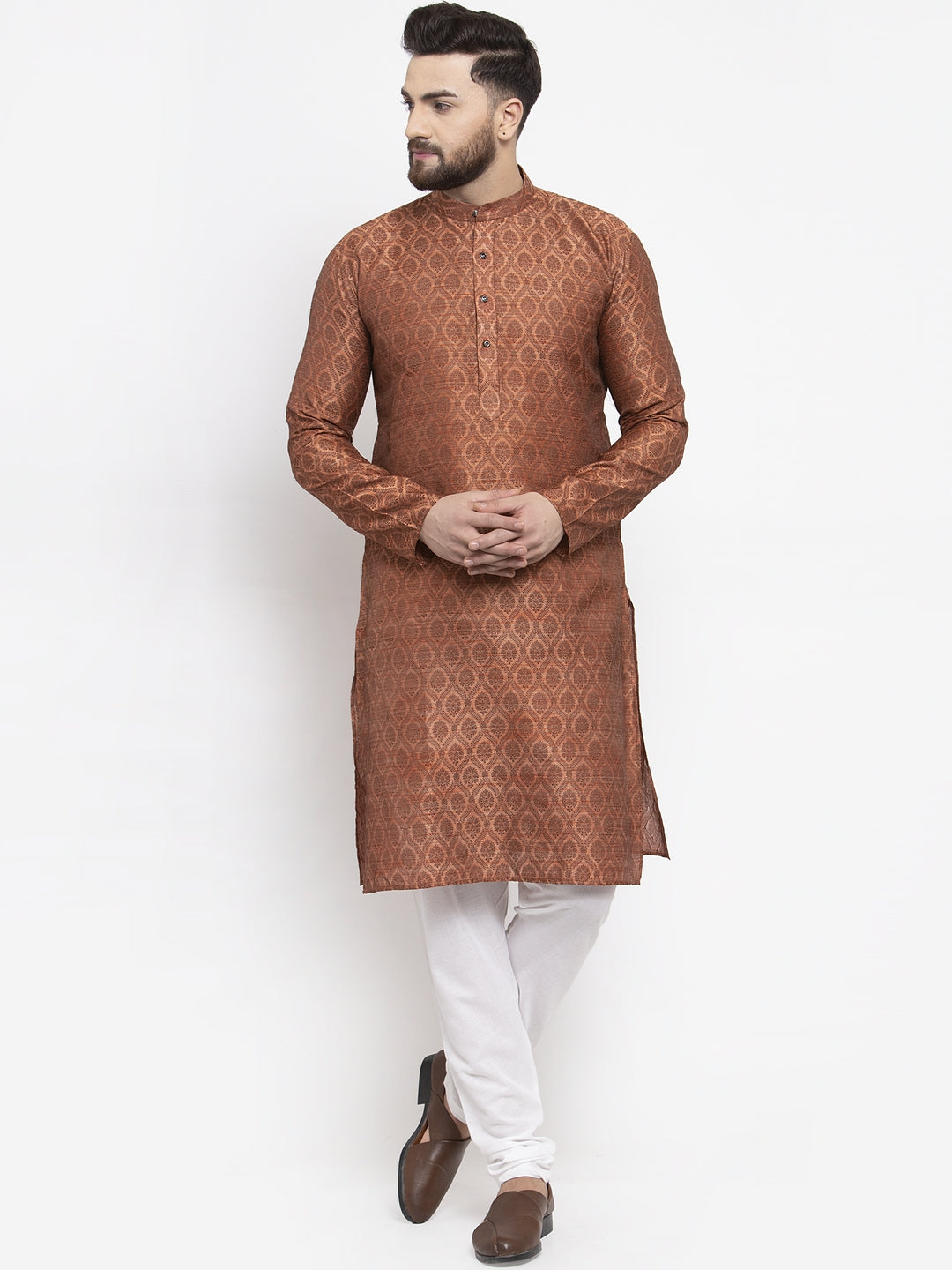 Jompers Men Brown & Grey Jacquard Kurta with Churidar - Distacart