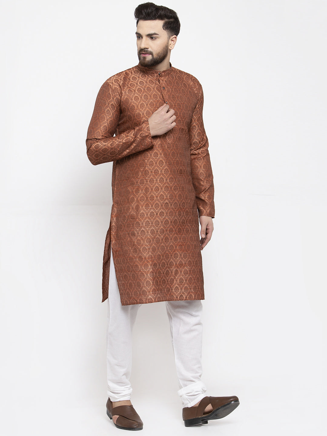 Jompers Men Brown & Grey Jacquard Kurta with Churidar - Distacart