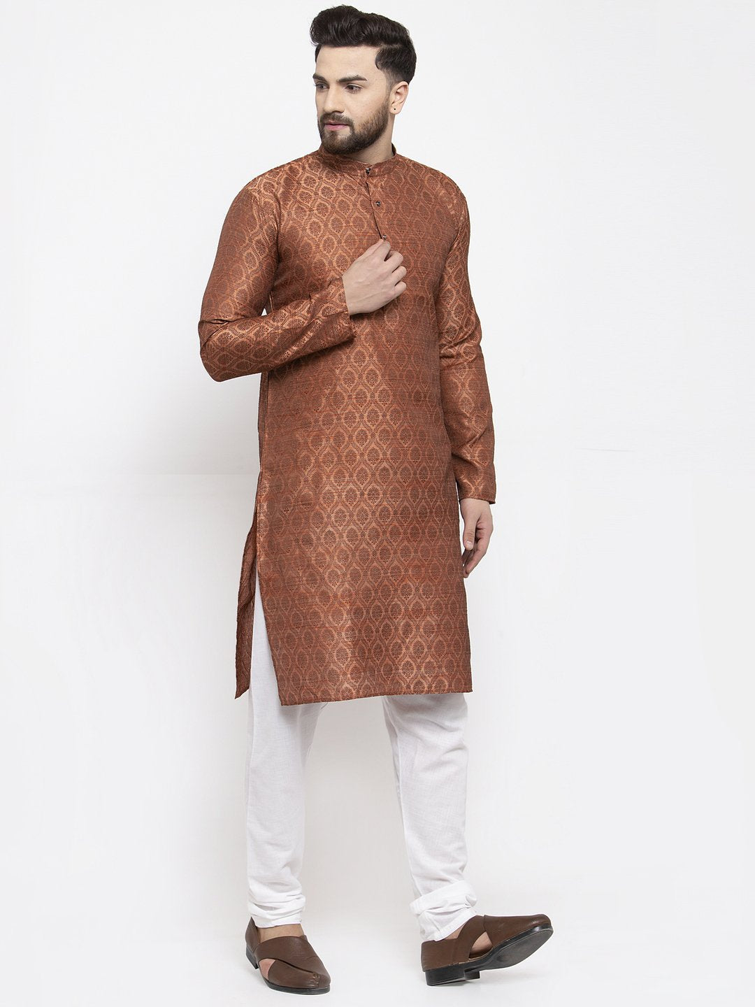 Jompers Men Brown & Grey Jacquard Kurta Only - Distacart