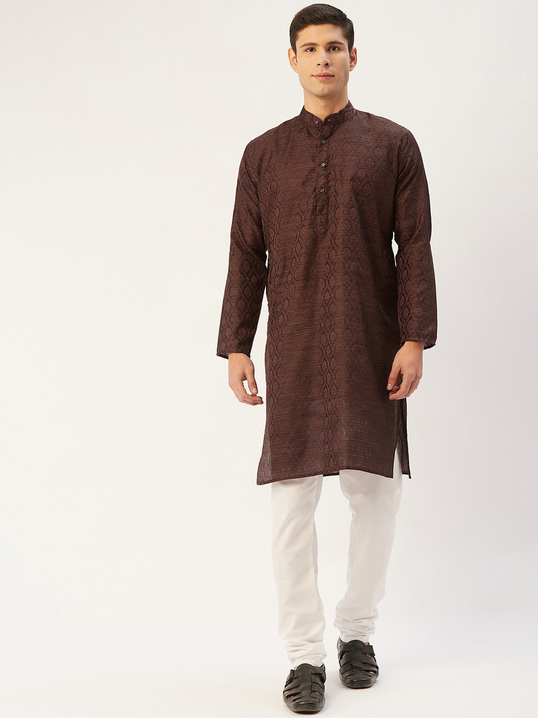 Jompers Men's Coffee Woven Design Jacquard Kurta Pyjama