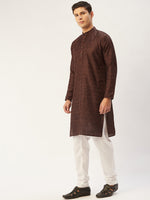 Thumbnail for Jompers Men's Coffee Woven Design Jacquard Kurta Pyjama