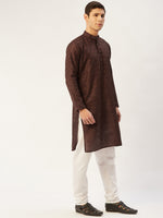 Thumbnail for Jompers Men's Coffee Woven Design Jacquard Kurta Pyjama