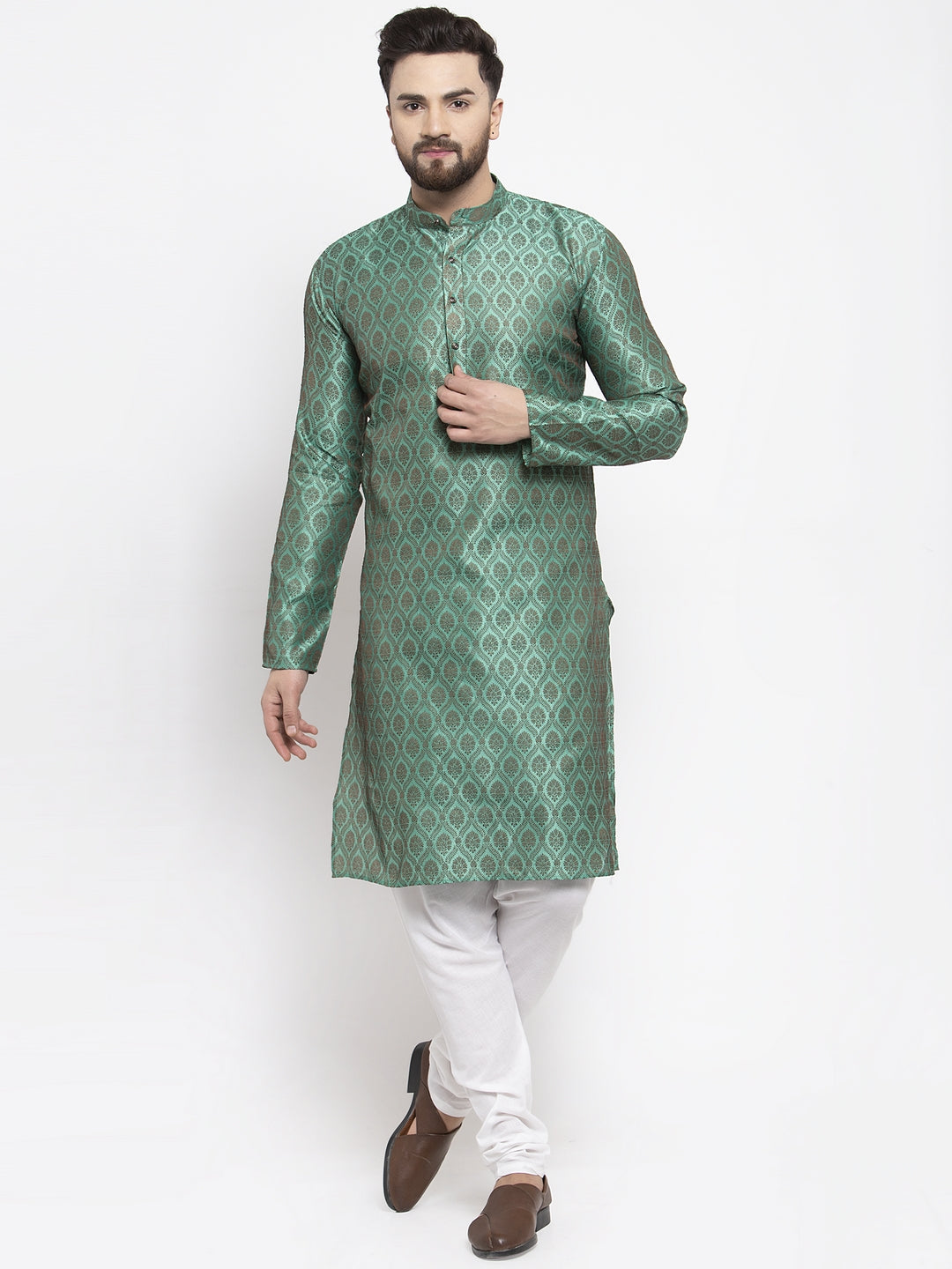 Jompers Men Green & Grey Jacquard Kurta with Churidar - Distacart