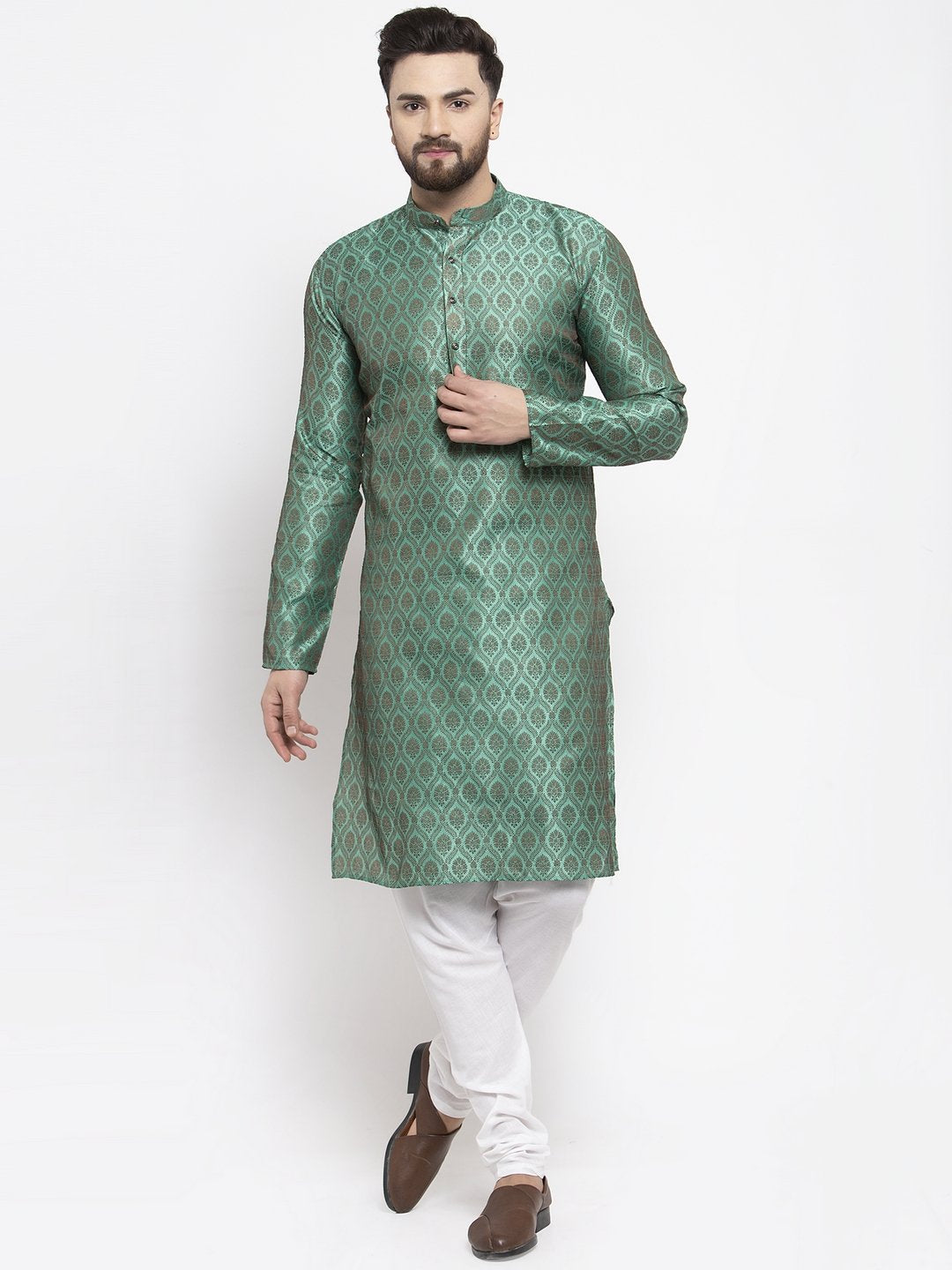 Jompers Men Green & Grey Jacquard Kurta Only - Distacart