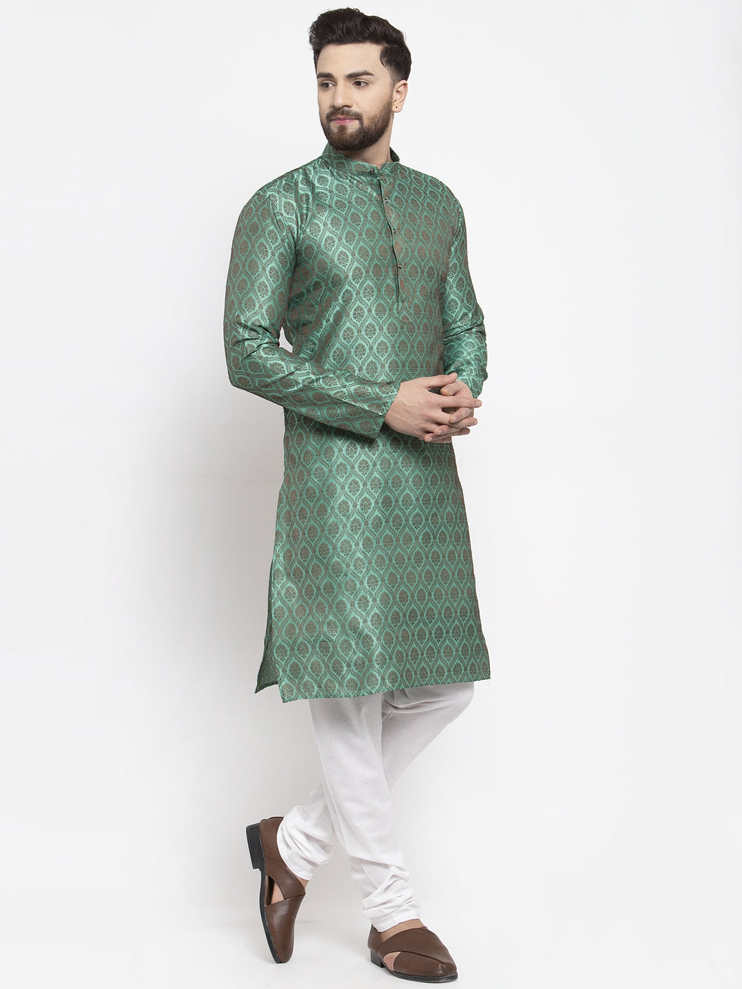 Jompers Men Green & Grey Jacquard Kurta with Churidar - Distacart