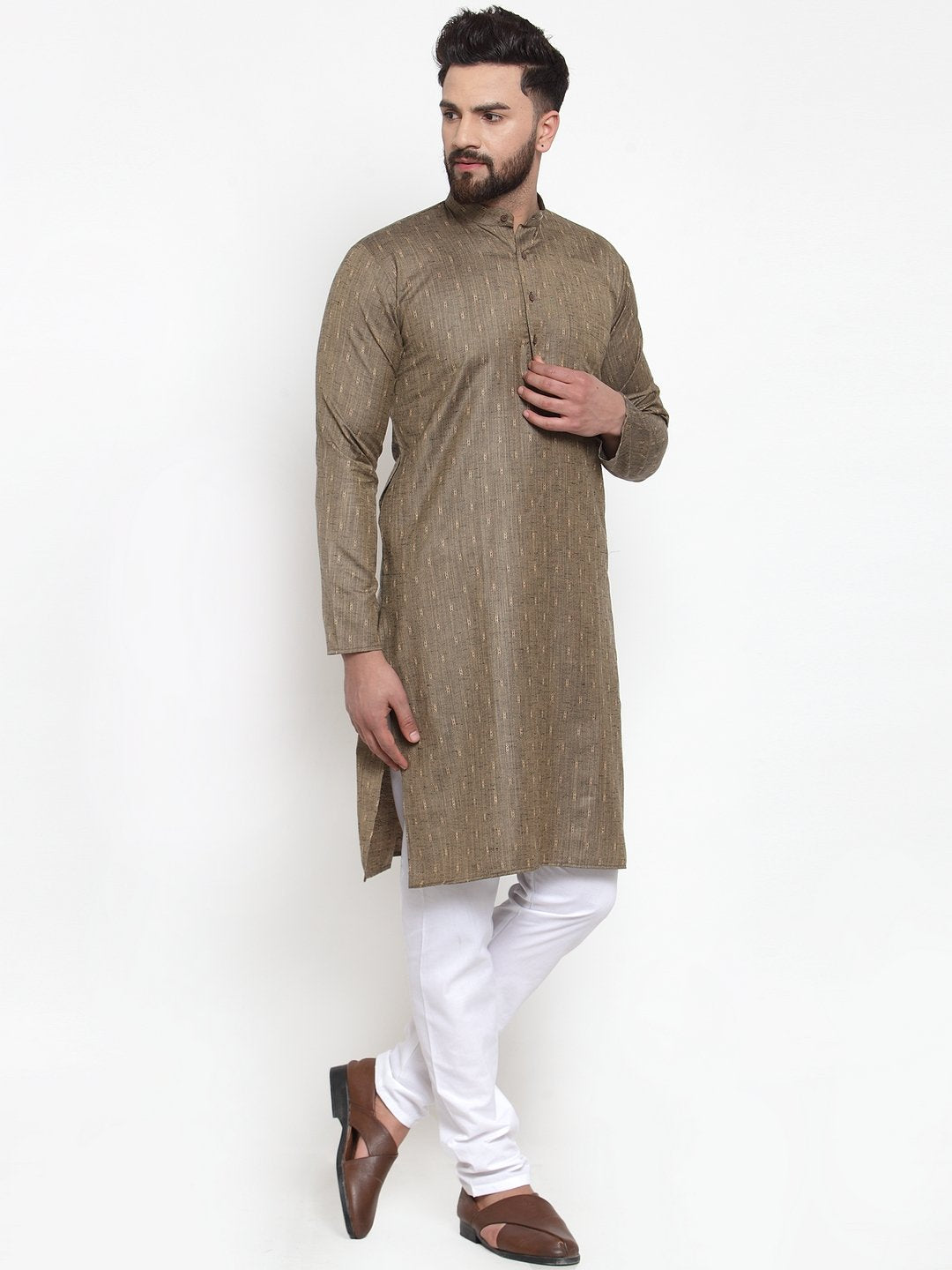 Jompers Men Bronze & White Self Design Kurta with Churidar - Distacart