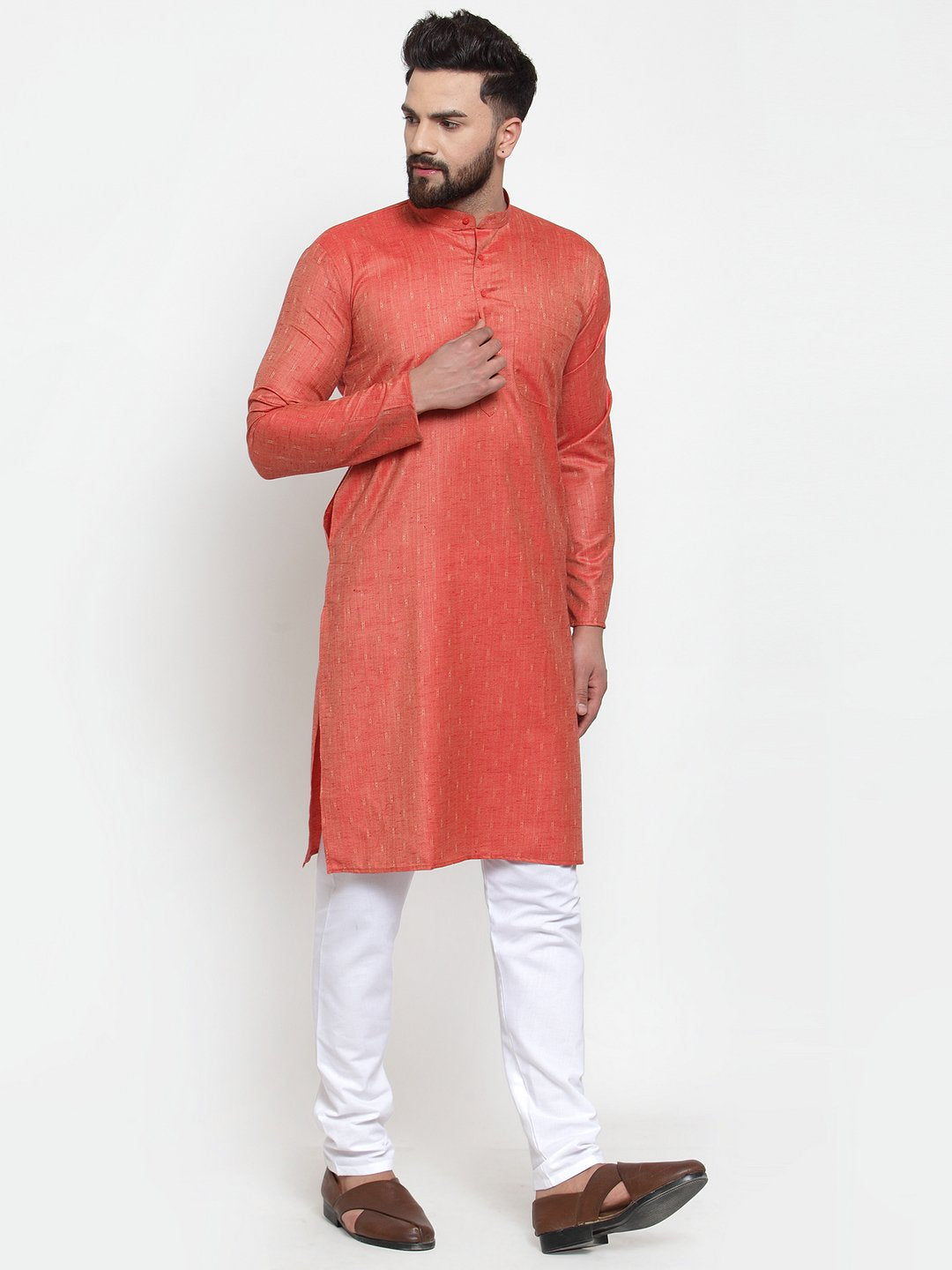 Jompers Men Orange & White Self Design Kurta with Churidar - Distacart
