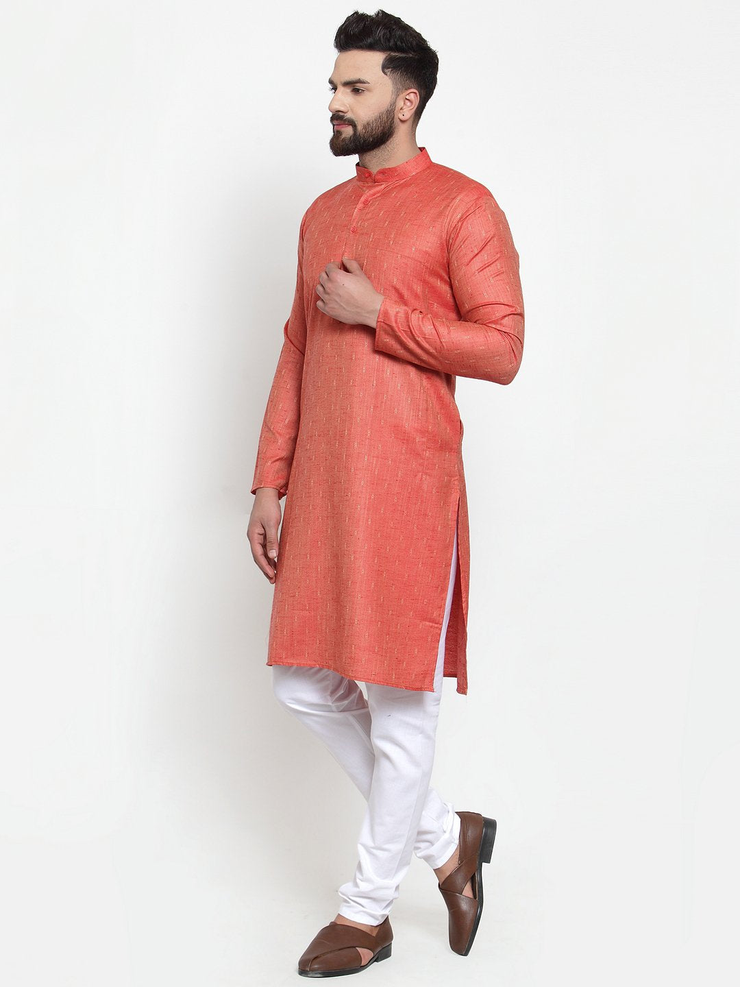 Jompers Men Orange & White Self Design Kurta Only - Distacart