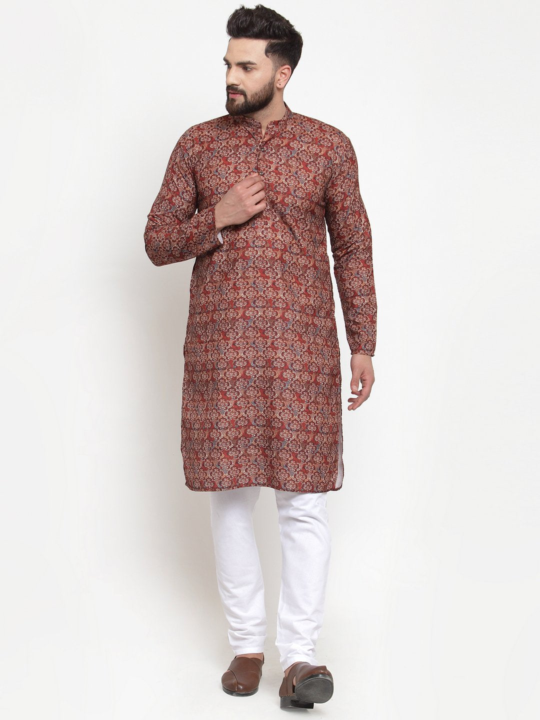 Jompers Men Maroon & Beige Digital Printed Kurta with Churidar - Distacart