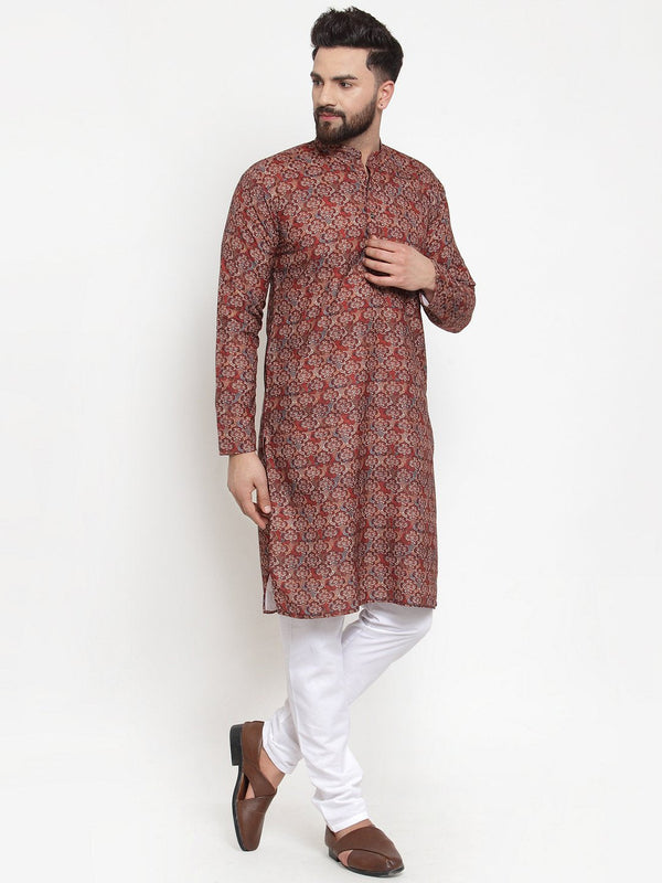 Jompers Men Maroon & Beige Digital Printed Kurta with Churidar - Distacart