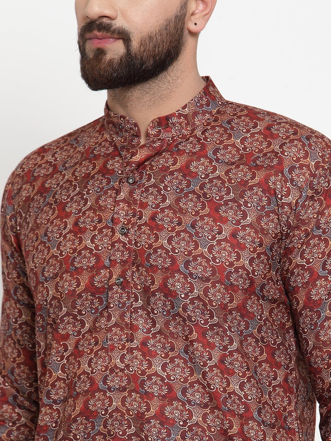 Jompers Men Maroon & Beige Digital Printed Kurta with Churidar - Distacart