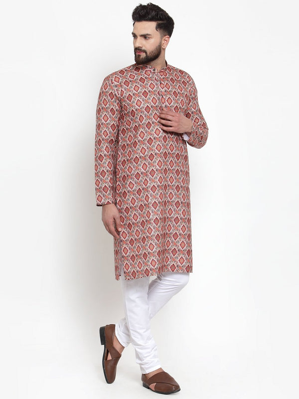 Jompers Men Peach & Beige Digital Printed Kurta with Churidar - Distacart