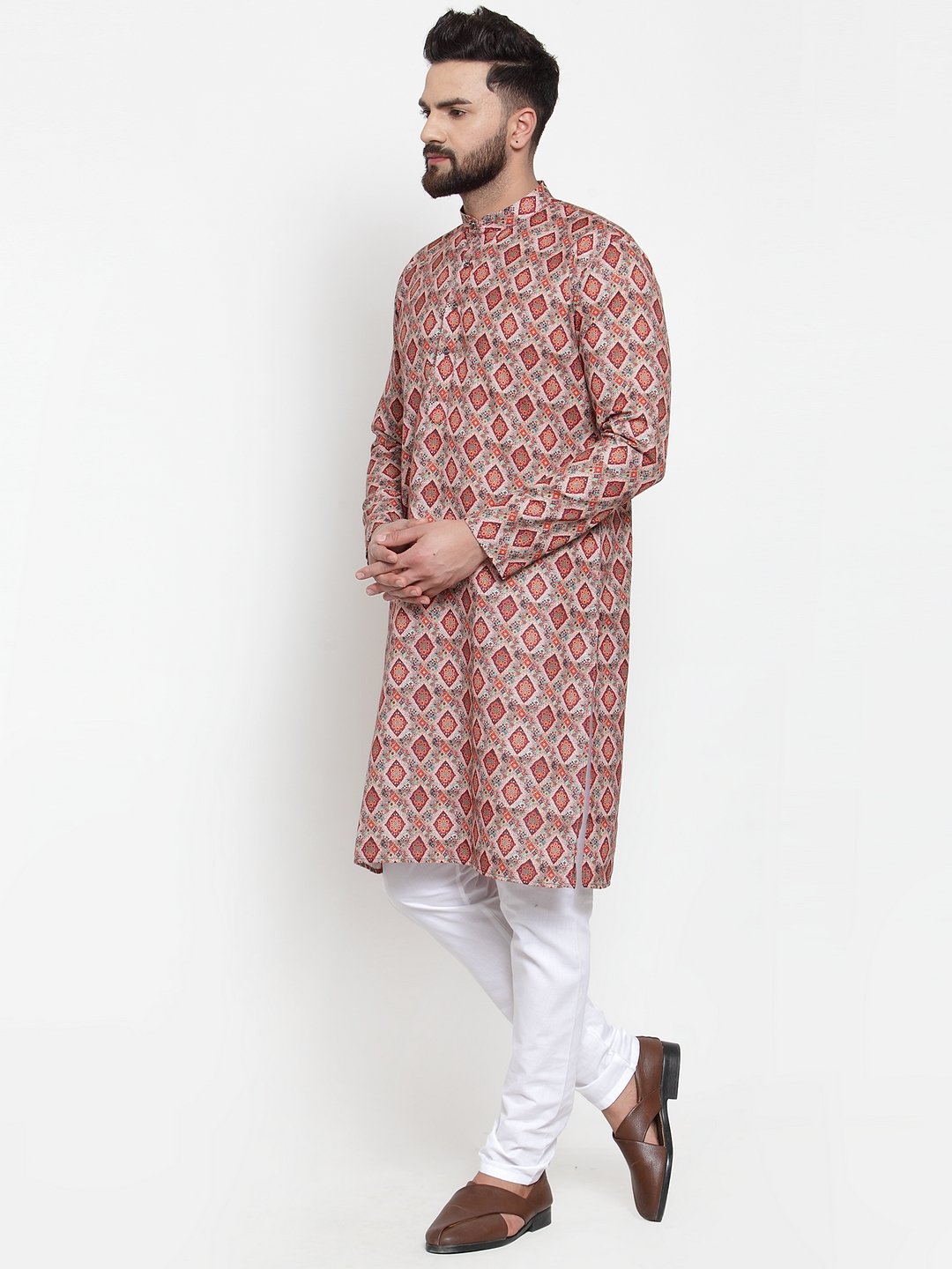 Jompers Men Peach & Beige Digital Printed Kurta Only - Distacart