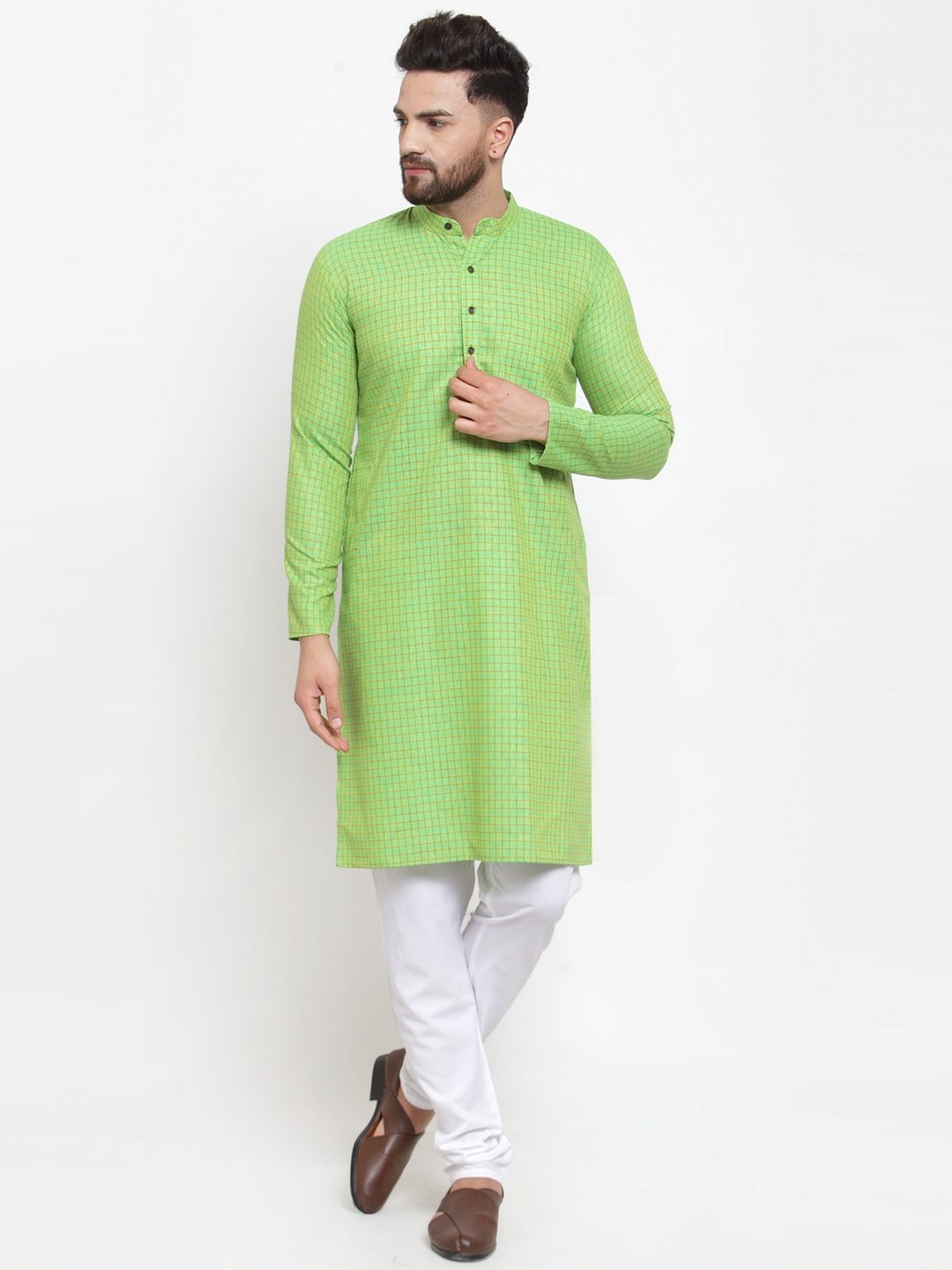 Jompers Men Green Checked Self Design Kurta with White Churidar - Distacart