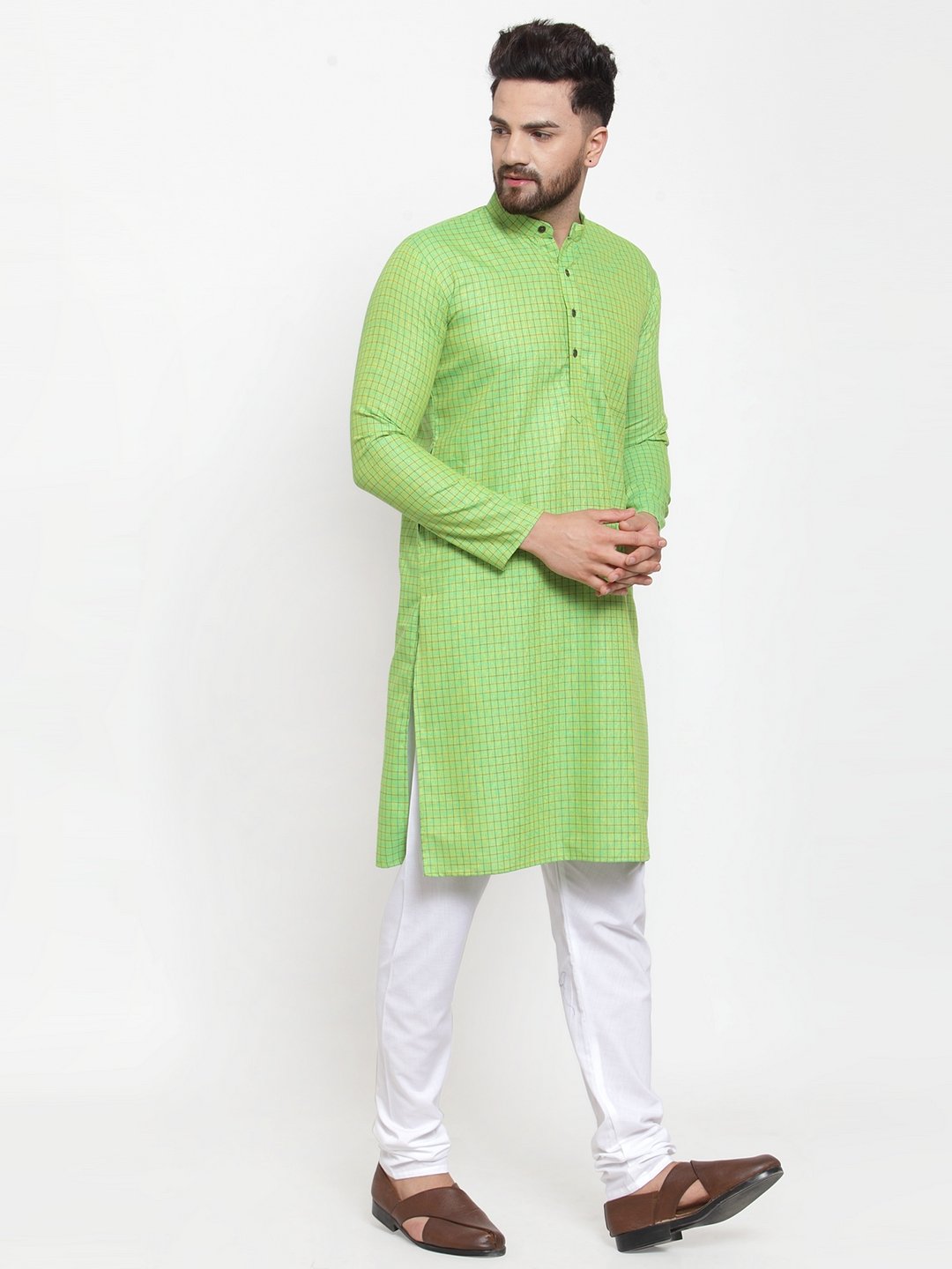 Jompers Men Green Checked Self Design Kurta with White Churidar - Distacart