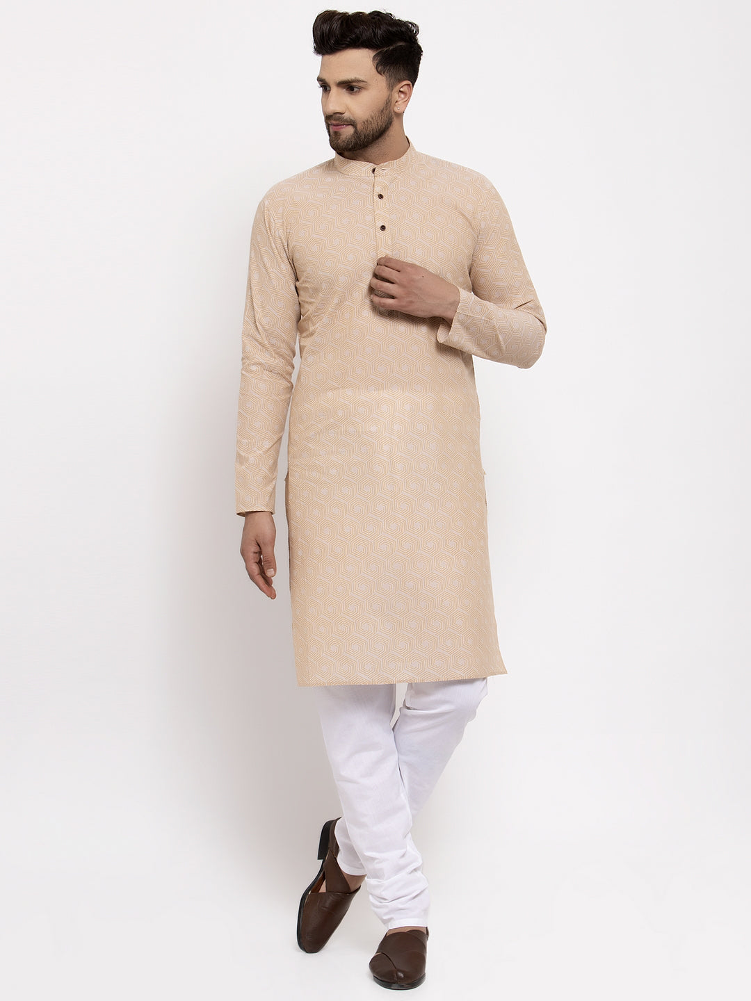 Jompers Men's Beige Cotton Printed Kurta Payjama Set