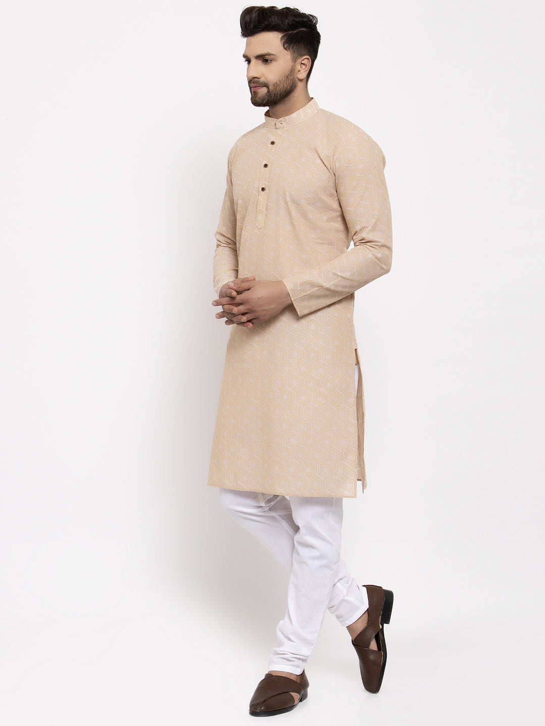 Jompers Men's Beige Cotton Printed Kurta Payjama Set