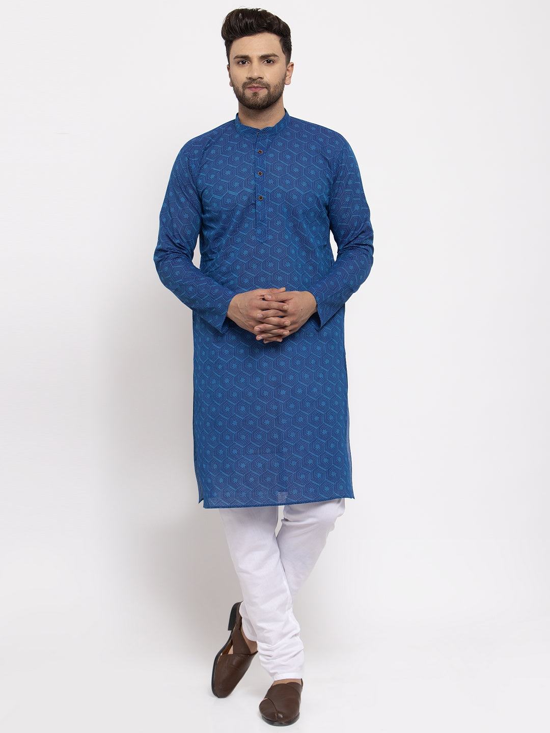 Jompers Men's Blue Cotton Printed Kurta Payjama Set