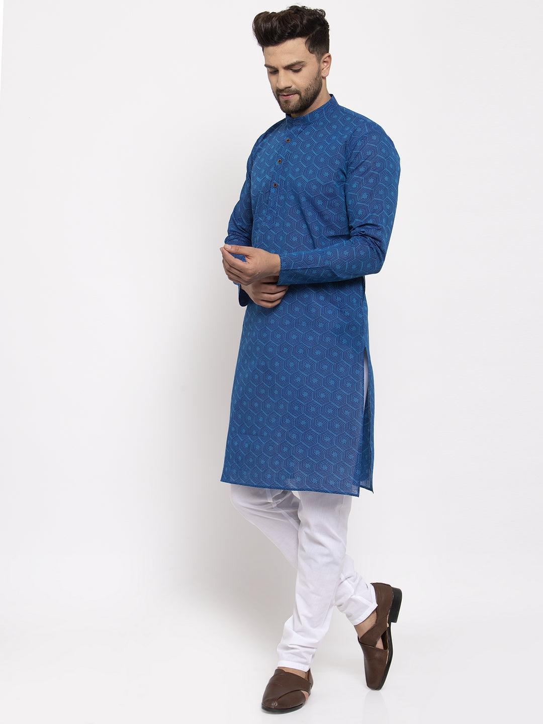 Jompers Men's Blue Cotton Printed Kurta Payjama Set