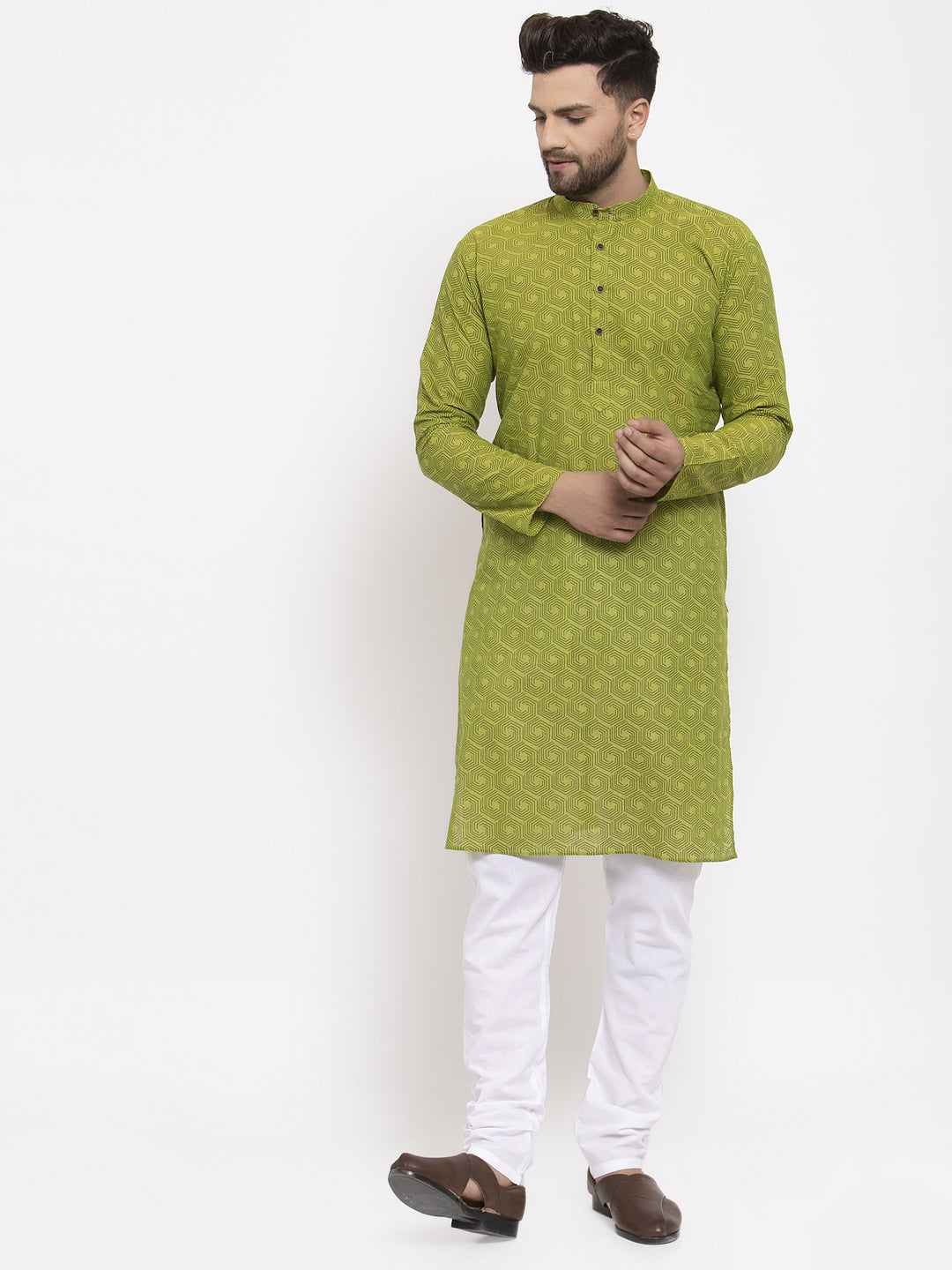 Jompers Men's Beautiful Green Cotton Printed Kurta Only