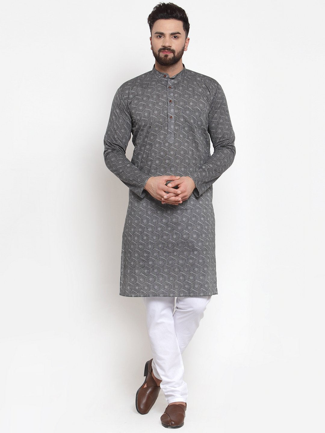 Jompers Men Grey Printed Kurta with White Churidar - Distacart