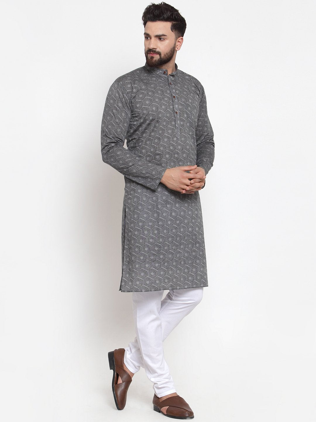Jompers Men Grey Printed Kurta with White Churidar - Distacart