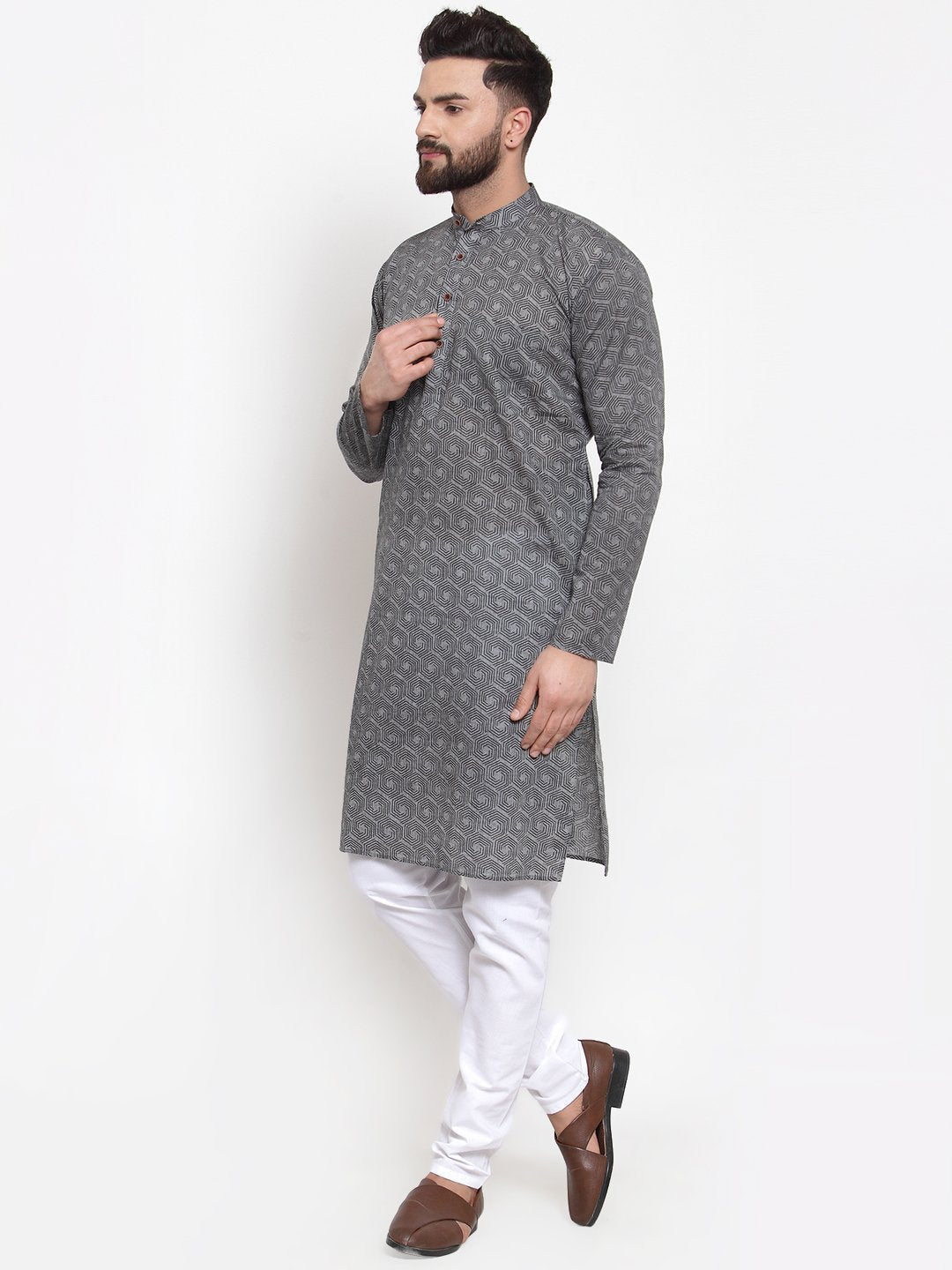Jompers Men Grey Printed Kurta with White Churidar - Distacart