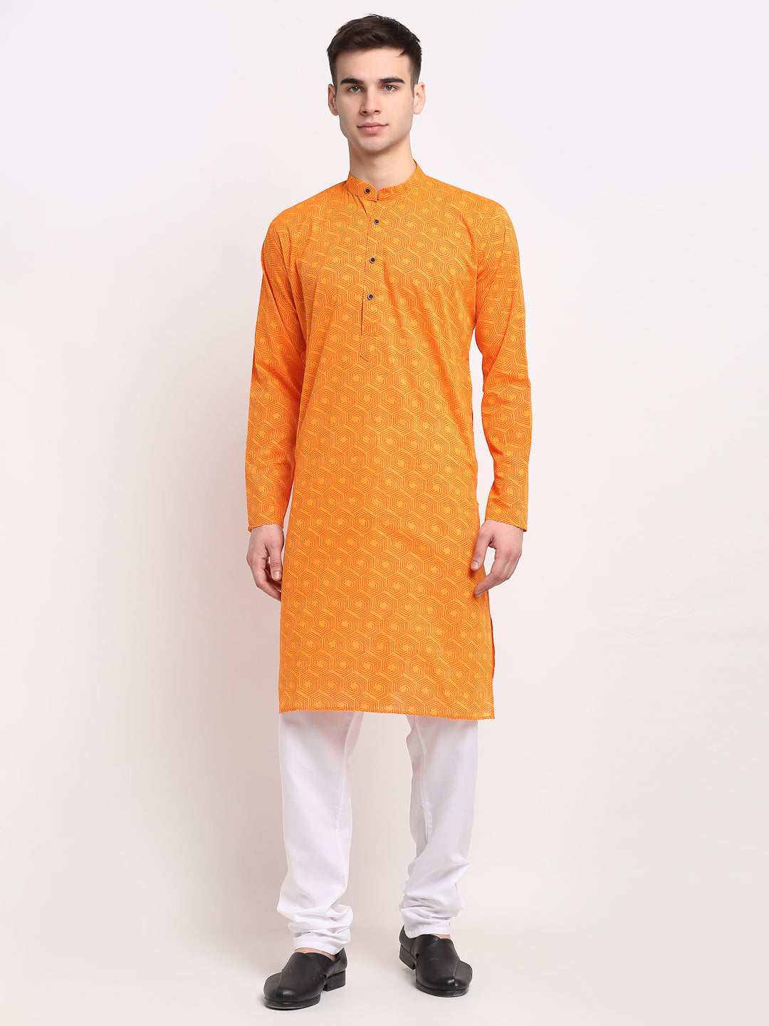 Jompers Men's Yellow Cotton Printed Kurta Payjama Set